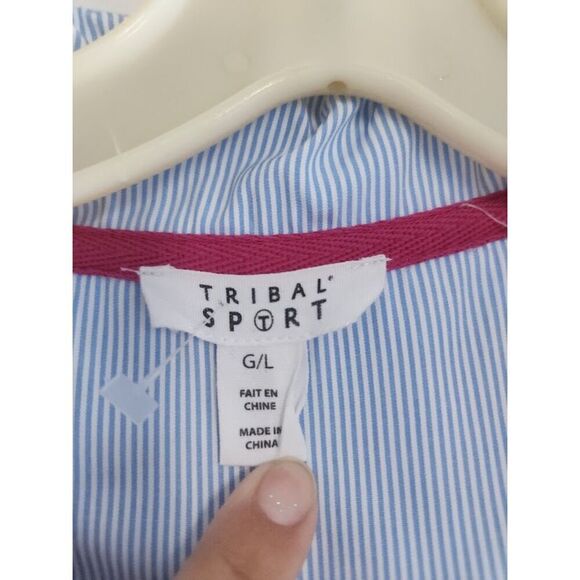 Tribal Sport "Cool Blue" White w/Blue Pink Stripe Cotton Polo Shirt size Large - Picture 3 of 7